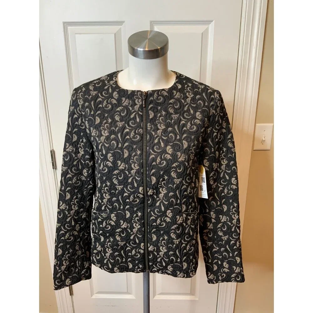 Zara Basics Black & Cream Textured Jacquard Zip-Up Jacket, Size Medium
